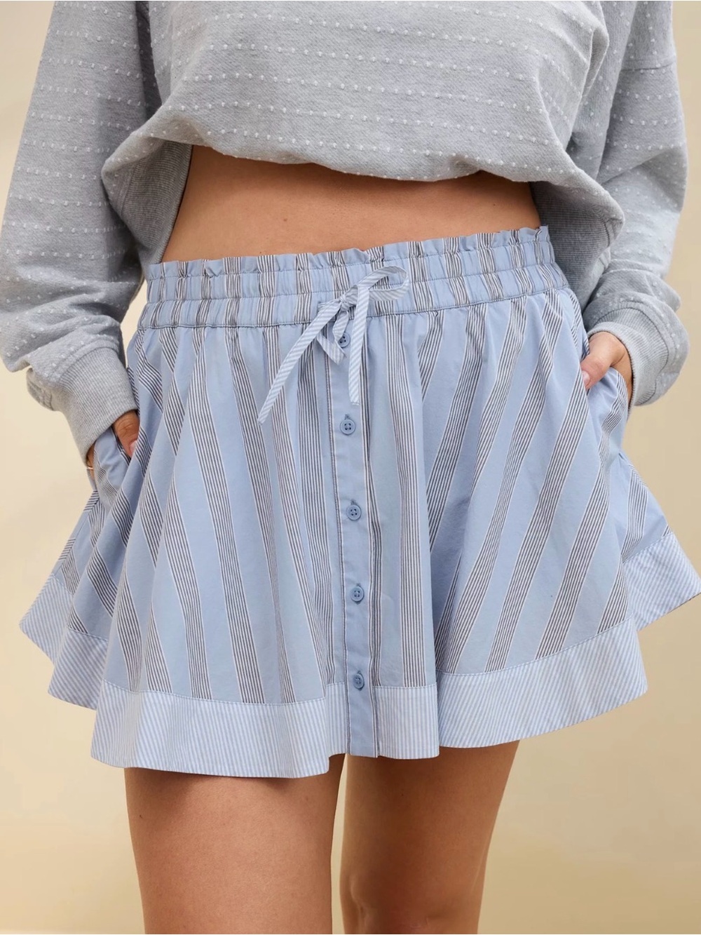 aerie Boxer Skort Light Blue and White Striped Button-Front Skort